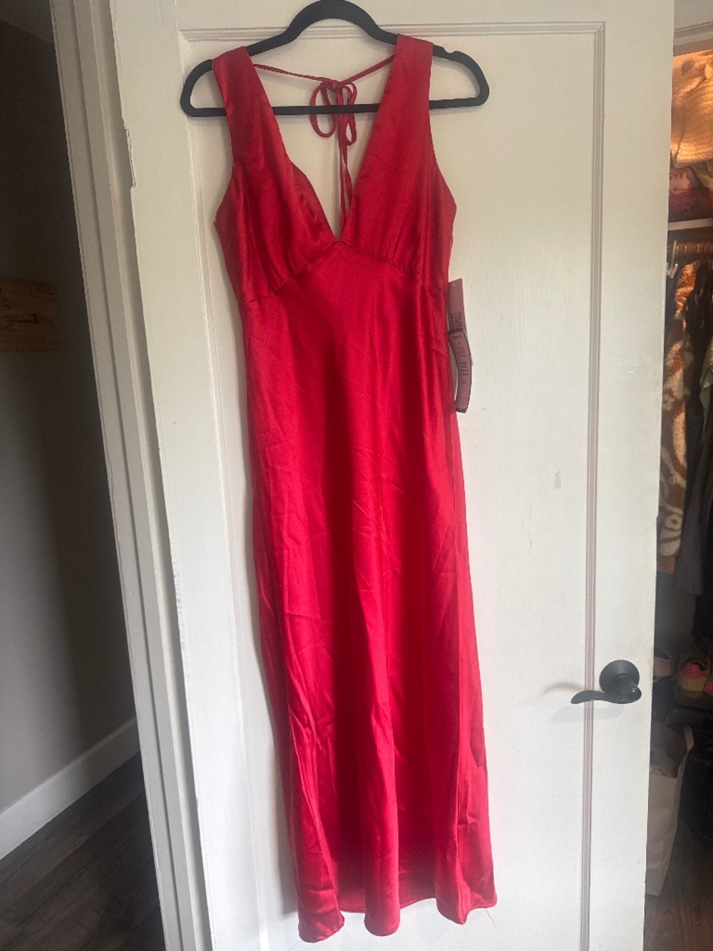 Emerald Sundae Red Satin Midi Dress Open Back Tie Slip Dress Medium NWT